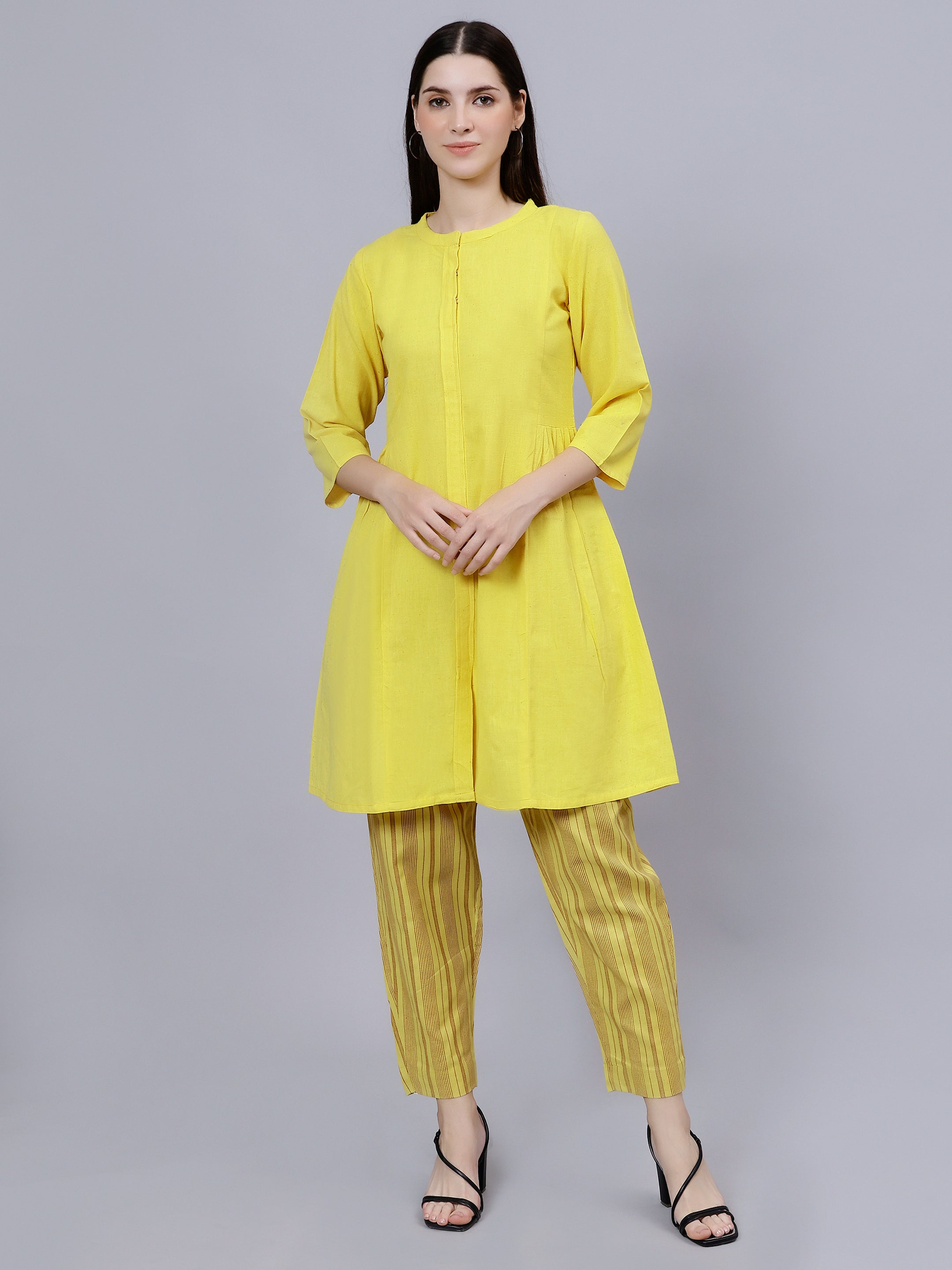 Women Cotton Embroidered Mandarin Collar Straight Cut Lemon Yellow Kur